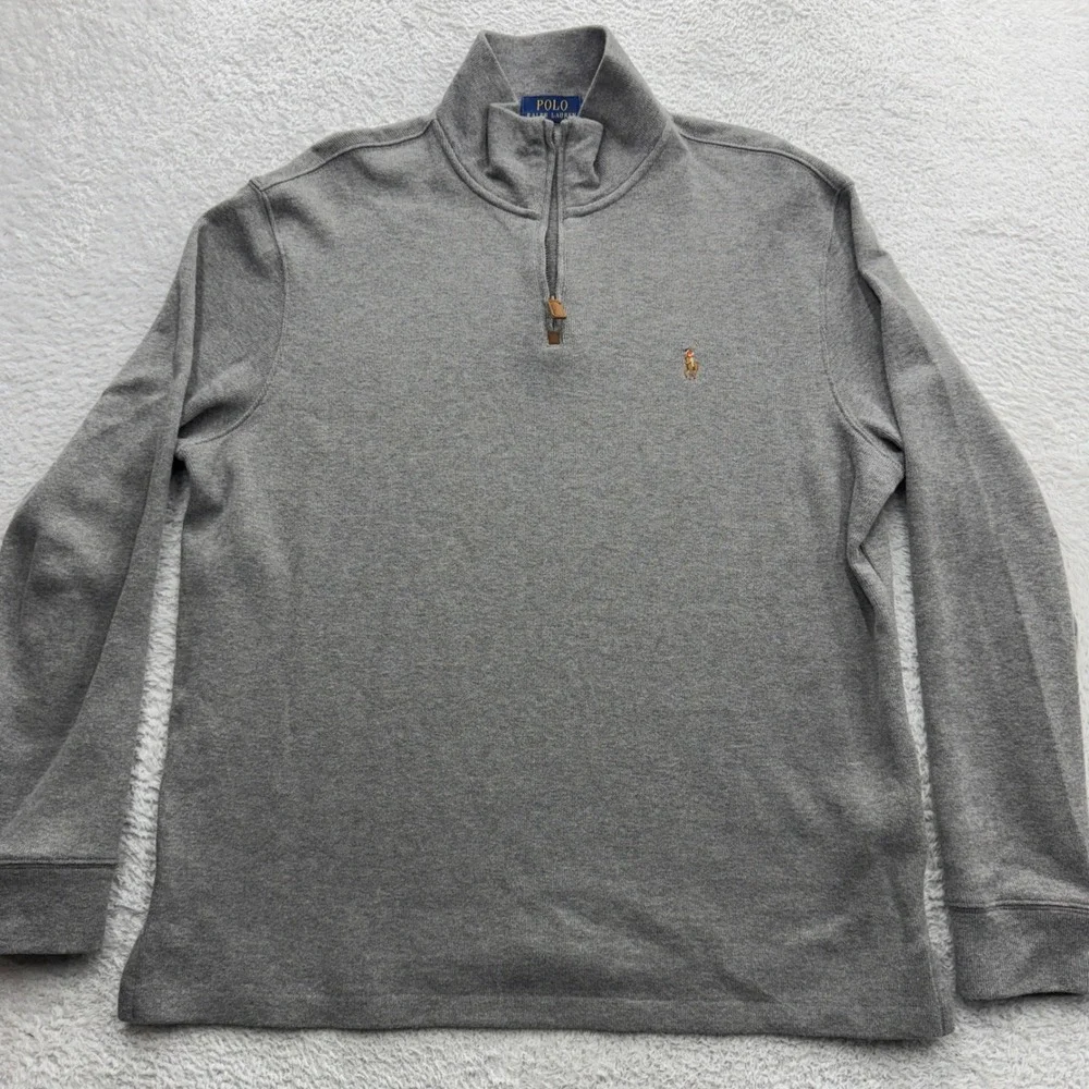 Polo Ralph Lauren Mens Large Gray Cotton Quarter Zip Pullover Sweater Mock Neck